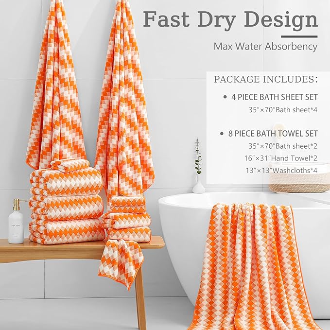 8 Piece Bathroom Towel Set |2 Oversized Bath Towels,2 Hand Towels,4 Washcloths| 600GSM Soft Hotel Towel Set Extra Large Bath Sheet for Bathroom,Highly Absorbent Quick Dry Bath Towel Collections,Orange