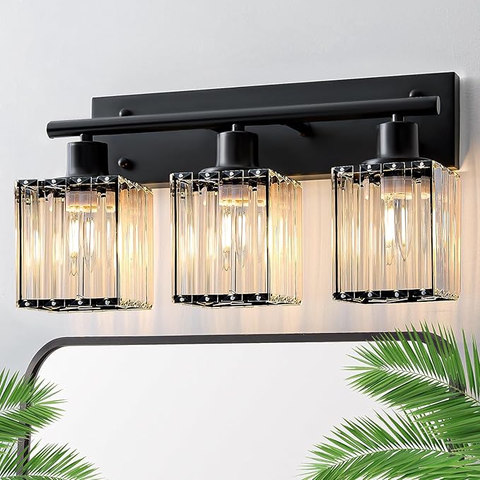 Bathroom Light, 3-Light Modern Crystal Vanity Light, Bathroom Lighting Fixtures Over Mirror Wall Sconces for Powder Room, Living Room, Bedroom, Hallway (Included 3 E26 Bulbs)