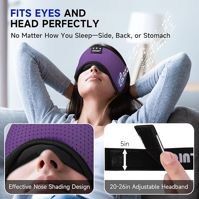 TOPOINT Sleep Mask with Bluetooth Headphones, Breathable Silk Eye Mask for Sleeping Men Women, Bluetooth Sleep Mask Blackout with Speakers, Microphone Handsfree, USB C for Travel Meditation Gifts