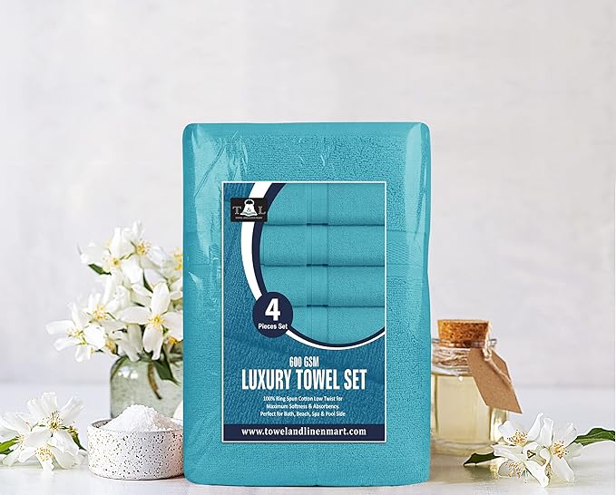 Towel and Linen Mart 4 Pieces Bath Towel Sets - Teal - 2 ply Low Twist Luxurious,Quick Dry, Extra Absorbent, 100% Ring Spun Cotton 600 GSM (27 x 54, Pack of 4)
