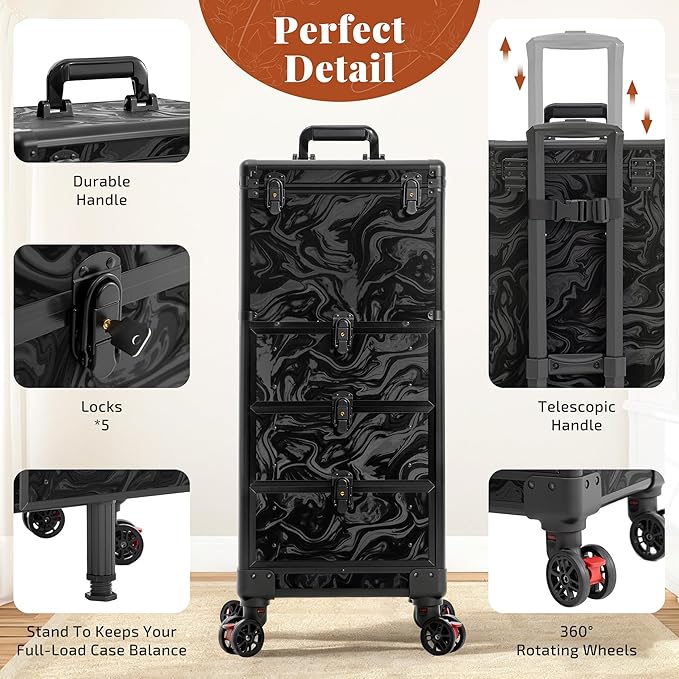 Rolling Makeup Train Case with 3 Drawers, Nail Trolley Cart Salon Station Cosmetology Case on Wheels Organizer Cases for Nail Tech,SPA,Face Painting,Hairstylist,Makeup Artist (Ink Black)