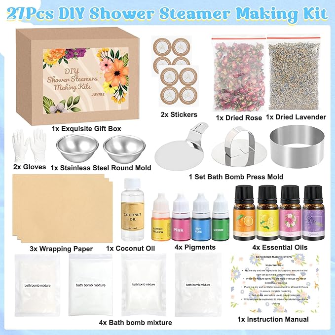 JUYRLE Bath Bomb Making Kit- 49Pcs DIY Bath Bomb Kit for Aldult, Make Your Own Shower Bombs, Spa Craft Kits with Bath Bomb Press, Molds, Bath & Bathing Making Supplies Gifts for Mom Women
