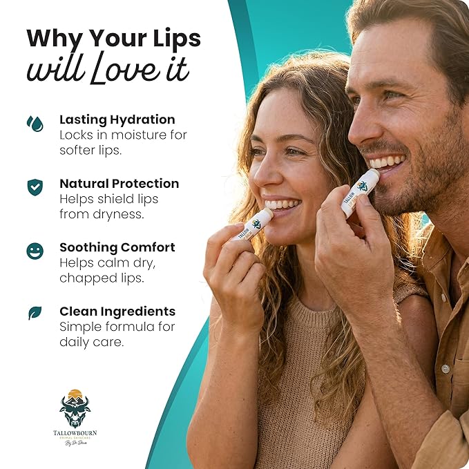 Moisturizing Tallow Lip Balm – Grass-Fed Beef Tallow with Organic Coconut Oil, Beeswax, and Vitamin E – Unscented Lip Balm Set – Travel Essential - 3-Pack