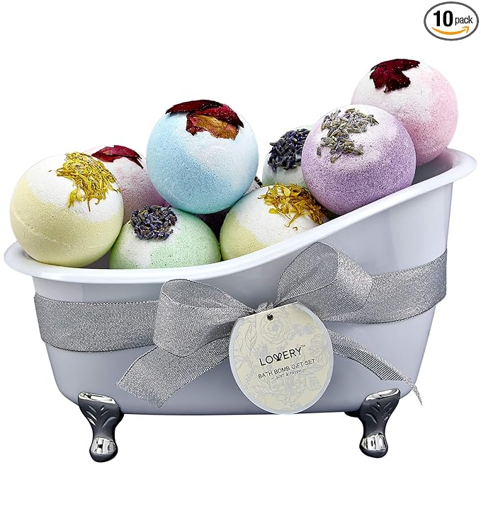 Mothers Day Gift Bath Bombs Gift Set for Women and Men, 10 Oversized Two Tone Bath Fizzies with Shea & Coco Butter Dry Flower Petals, Rich Spa Bath Set in Cute Tub, Multiple Fragrances, Birthday Gifts
