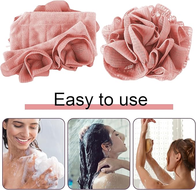 3 Pcs Washcloth Loofah Combo, 2 in 1 Bath Loofah Sponge with Drawstring, Exfoliation Mesh Shower Puff Ball for Body Wash Cleansing and Smooth Skin (Pink Beige Green)