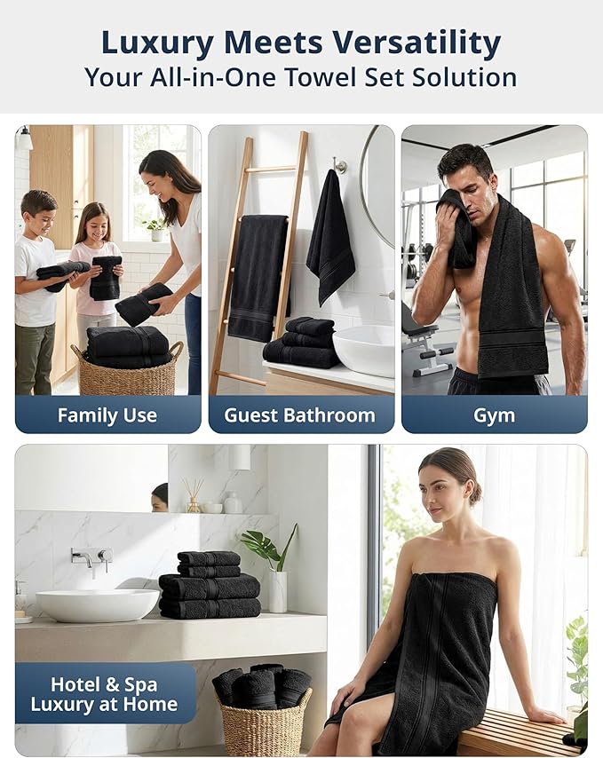 LANE LINEN 12 Piece Premium Towels for Bathroom – 100% Cotton Bath Towel Sets, Zero Twist, 4 Bath, 4 Hand Towel & 4 Wash Cloths, Highly Absorbent, Remains Soft After Wash, Hotel & Spa Quality – Black
