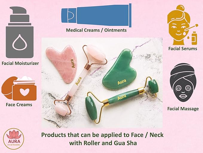 Premium Certified Luxury 100% Authentic Rose Quartz Pink Roller & Gua Sha Set for Anti-Aging Skin Care, Muscle Relaxation, Fine Line Reduction, and Eye Puffiness Relief