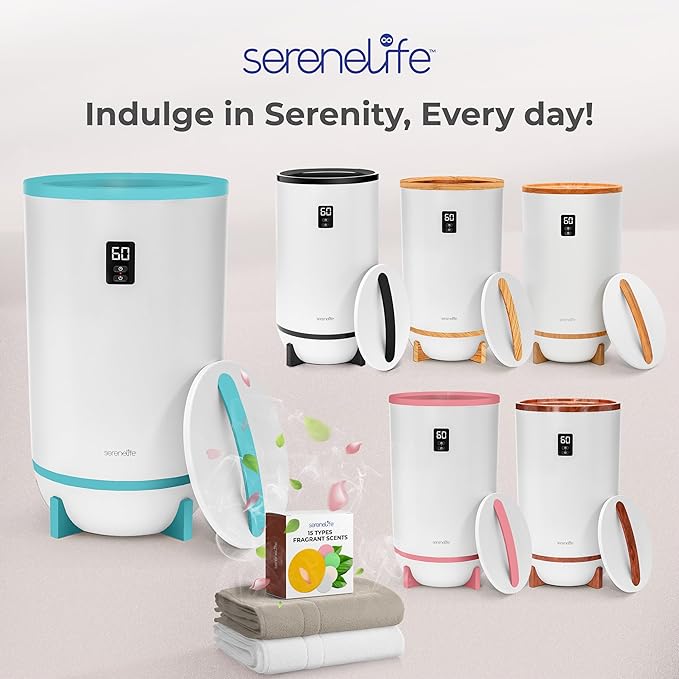 SereneLife Towel & Blanket Warmer, One Touch Portable Bath Towel Warmer with Fragrant Disc Holder, Timer (15, 30, 45, or 60 minutes) and LED Display, Auto Shut Off, Ideal for Bathroom & Spa Use, Blue