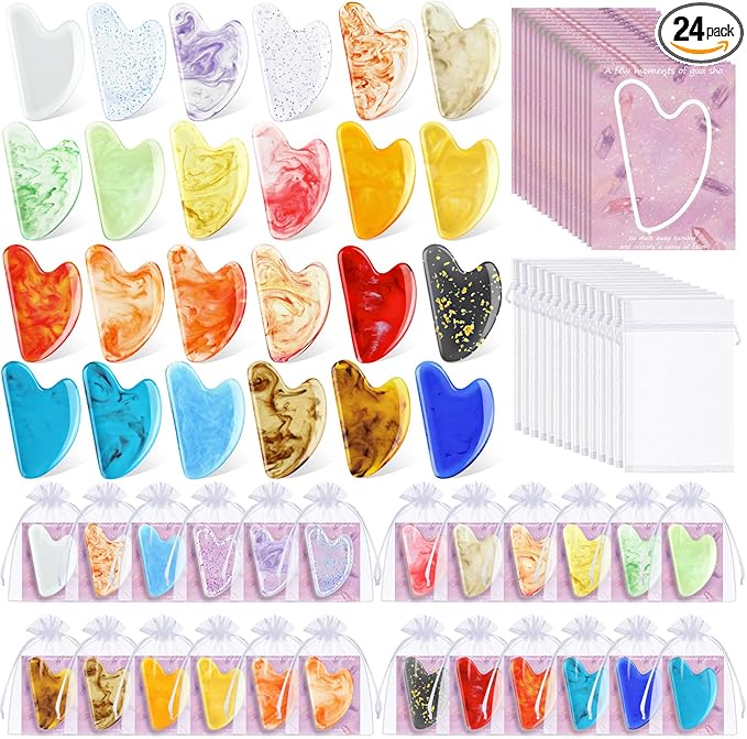 Sherr 24 Sets Gua Sha Facial Tools Bulk Resin Heart Shaped Guasha Boards with Organza Pouch and Cards for Face Body Massage Relaxation Self Care Ideal Spa Acupuncture Prevent Wrinkles(Deep Colors)