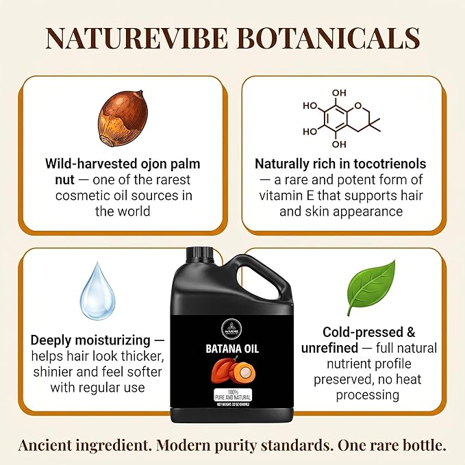 Naturevibe Botanicals Batana Oil 32 oz 100% Pure & Natural Oil for Hair, Skin & Scalp Care | Deep Moisturizing Body Oil | Ideal for Dry Hair, Massage & Daily Use (946 ml)