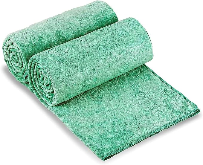 JML Large Bath Towels Set, 2 Pack, 30" x 60", Microfiber Body Towels for Adult, Oversized, Soft, Absorbent, Fast Drying for Shower Sauna Yoga Swimming Sport Fitness Gym Pool (Green-Floral Embossed)