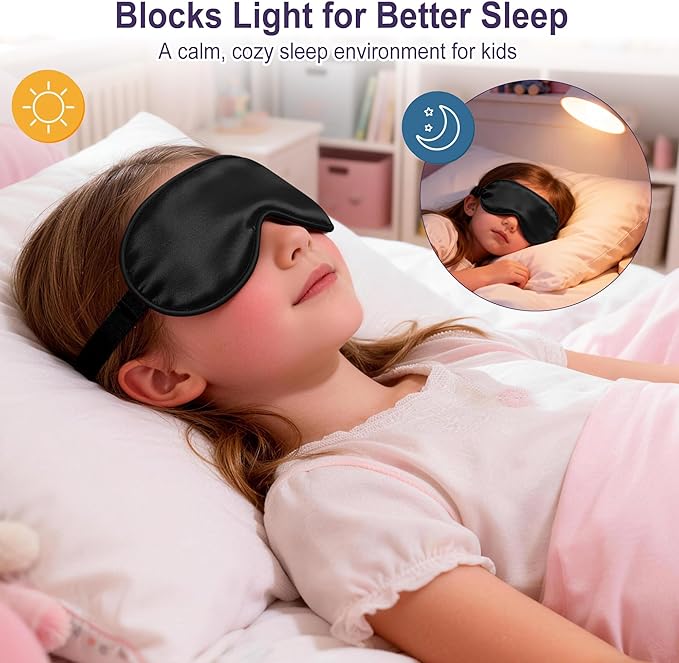 Kids Sleep Mask, Kids Eye Mask for Boys Girls, Kid Silk Eye Masks with Adjustable Strap for Sleeping, 100% Light-Blocking Sleep Eye Cover, Includes Protective Laundry Bag (Black)