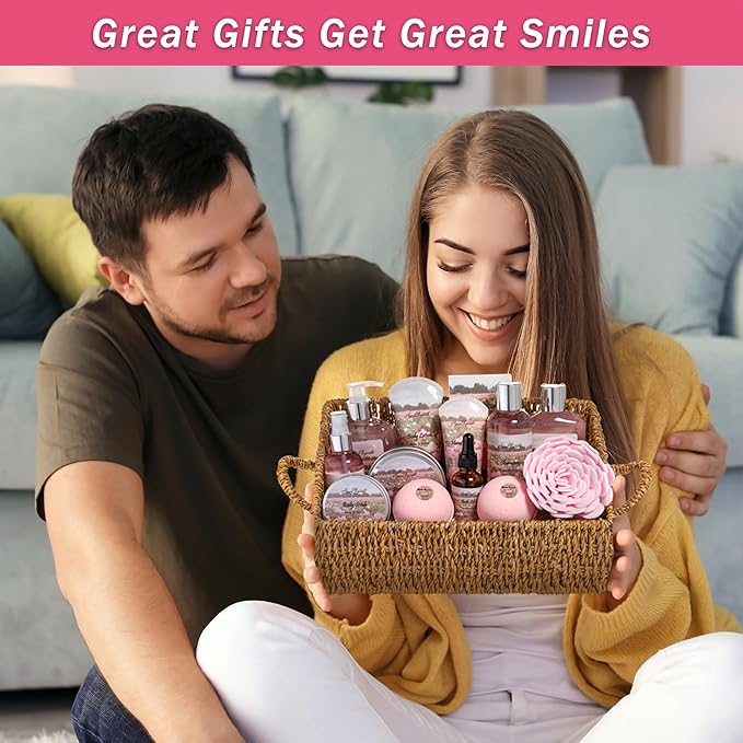 Aqua Elegante Bath Spa Gift Set - 15 Piece Premium Basket with Wash, Bubble Bath, Lotion, Salts, Body Scrub, Towel, Shower Puff, Bathbombs, Reusable Basket, Gifts for Women - Rose Oil & Peony