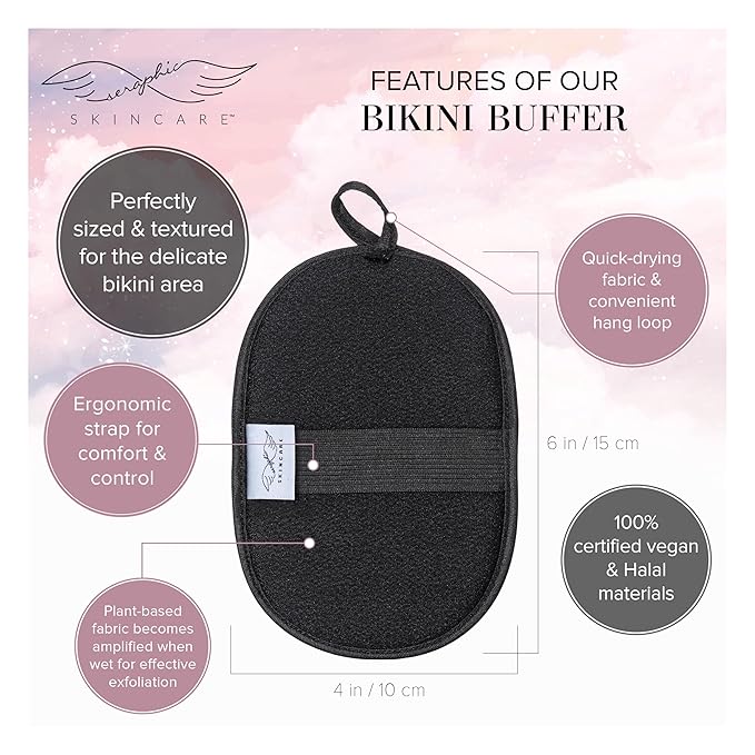 Seraphic Skincare Bikini Buffer – 100% Vegan Viscose Scrub Mitt For Women – Gently Exfoliates Dead Skin – Ingrown Hair & Razor Bumps Treatment on Bikini Area – Natural & Effective Exfoliation