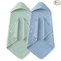 Yoofoss Hooded Baby Towels for Newborn 2 Pack 100% Muslin Organic Cotton Baby Bath Towel with Hood for Babies, Infant, Toddler and Kids, 37.5"x37.5", Soft and Absorbent Newborn Essential,Blue&Green