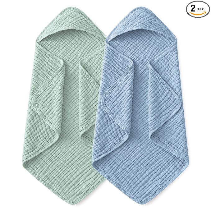 Yoofoss Hooded Baby Towels for Newborn 2 Pack 100% Muslin Organic Cotton Baby Bath Towel with Hood for Babies, Infant, Toddler and Kids, 37.5"x37.5", Soft and Absorbent Newborn Essential,Blue&Green