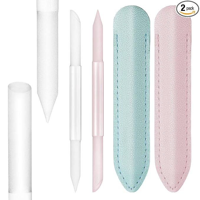 2Pcs Glass Cuticle Pusher with Leather Case, Dual Ended Cuticle Remover Tool Professional Manicure Stick Fingertip Precision Filing Cuticle Remover Tools for Nail Salons Home (Clear, Pink, Green)