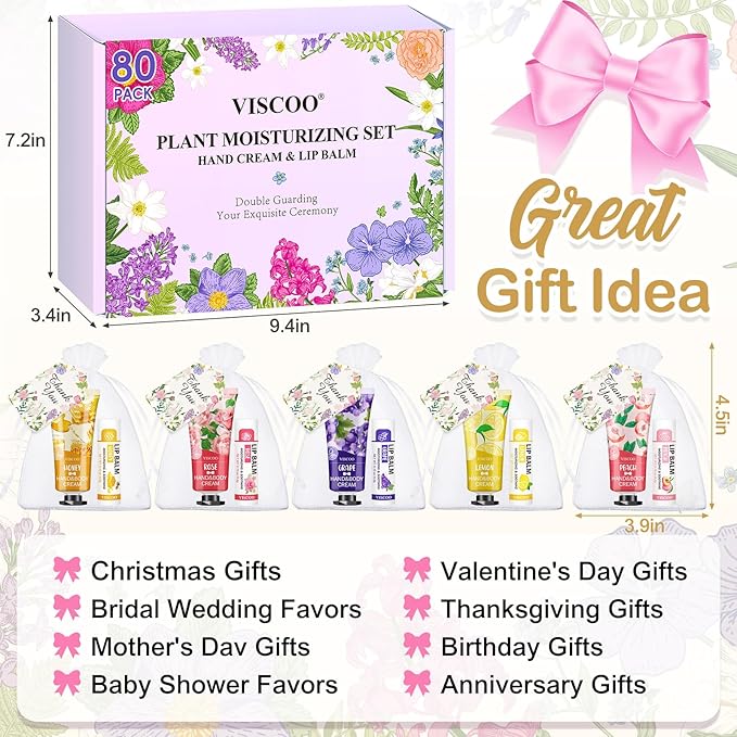 VISCOO 80 Sets Hand Cream and Lip Balm Bulk Set, Mothers Day Gifts, Teacher Appreciation Gifts, Nurses Week Gift, Wedding Favors for Guests with Thank You Card Organza Bags, Birthday Gift for Women