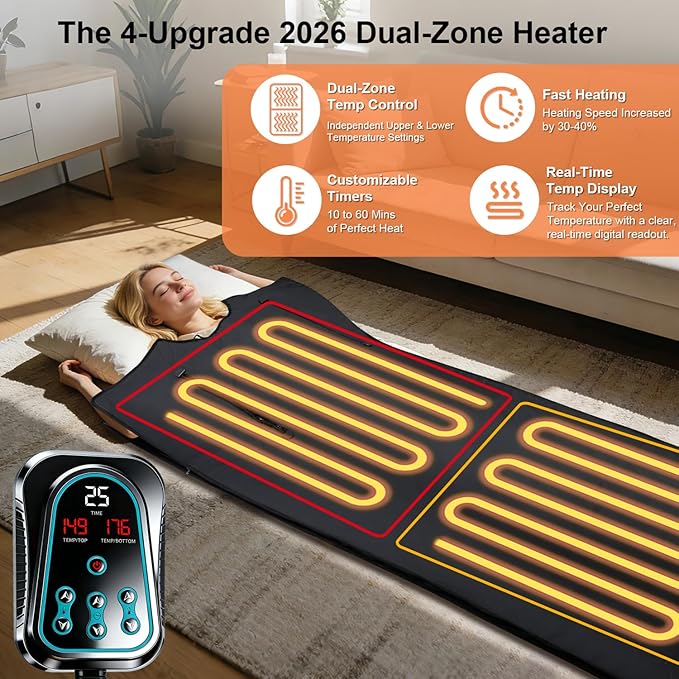 GENERAL ARMOR Dual-Zone Far-Infrared Sauna Blanket for Home Wellness – 176°F Fast Heating, Full-Body Detox, Muscle Recovery & Relaxation, Adjustable Temperature Timer, Portable