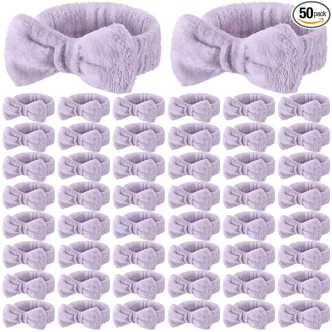 50 Pcs Spa Headband Bulk Spa Sleepover Party Supplies for Washing Face with Removable Bow Makeup Elastic Bowknot Headband for Women Gifts Skincare Microfiber Hairband (Purple Style)