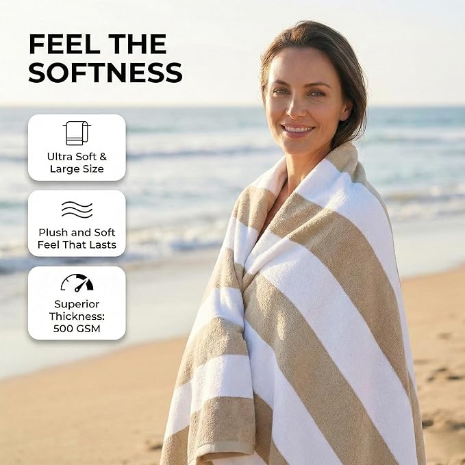 Premium Velour Cabana Beach Towel 4 Pack, 30” x 60” Soft Plush Cotton Pool Towel, Absorbent Quick Dry Towel for Beach and Pool (White Beige)