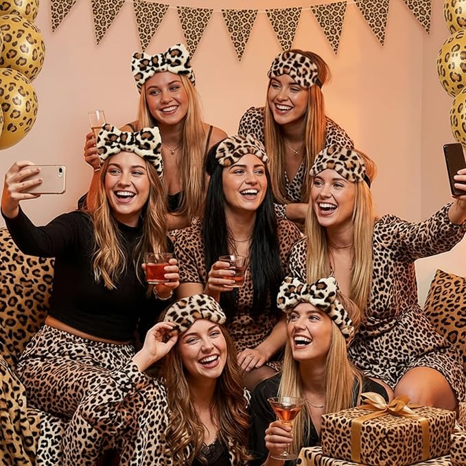 Hoteam 10 Pcs Spa Party Supplies Gift for Mother's Day Sleepover Party Favor Spa Headband Wristband Sleep Eye Mask Velvet Scrunchies for Skin Care Makeup Slumber Night Favor(Leopard Print)