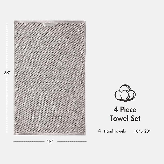 Madison Park 4-Piece Hand Towel Set for Bathroom 18" x 28" Diagonal Ribbed, Grey - 100% Cotton Soft Quick Dry & Absorbent Gift | Zero Twist, 500 GSM, Oeko-TEX, Hotel Quality
