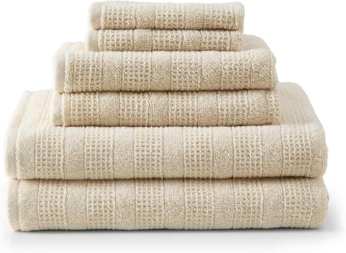 Martha Stewart - Bath Towels, Soft & Absorbent 100% Cotton Towels, Solid 500 GSM, 6-Piece Bathroom Towel Set with Textured Weave (Bedford Cottage Beige)