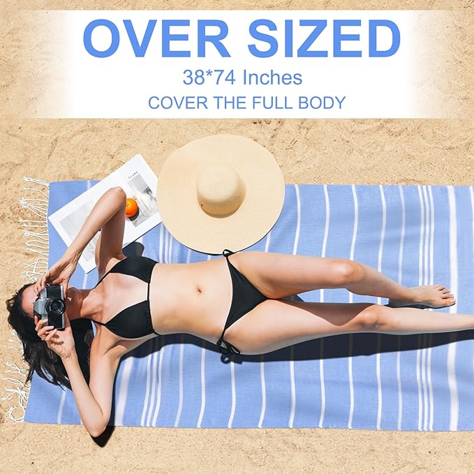 Genovega 6 Packs Oversized Turkish Beach Bath Towel Set Bulk 74"x38" Extra Large Sand Free Quick Dry Swim Camping Pool Clearance Towels Travel Blanket Adult Essentials Royal Blue Stripe