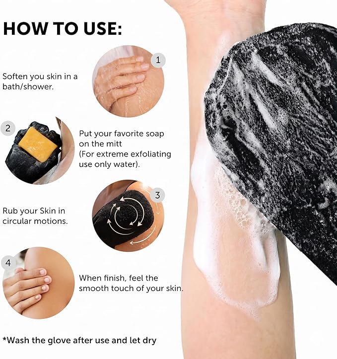 Valitic Exfoliating Glove Body Scrubber - Exfoliating Mitt Dead Skin Remover, Shower Face and Body Exfoliator - Korean Style Skin Scrubber Washcloth - Spray and Self Tan Remover, 1 Black with Pink
