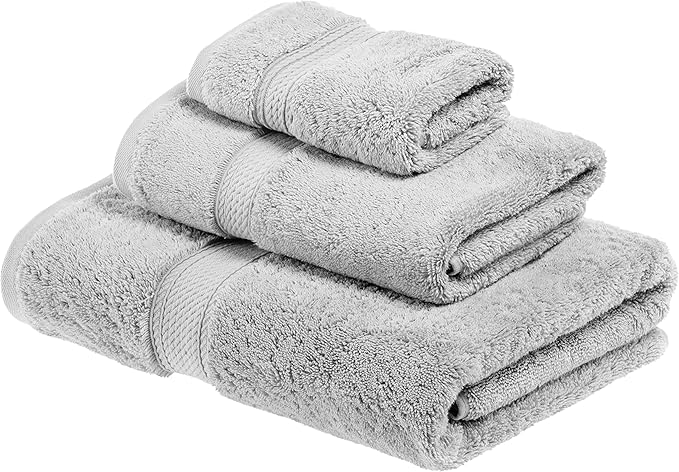SUPERIOR Egyptian Cotton Pile 3 Piece Towel Set, Includes 1 Bath, 1 Hand, 1 Face Towel/Washcloth, Ultra Soft Luxury Towels, Thick Plush Essentials, Guest Bath, Spa, Hotel Bathroom, Silver