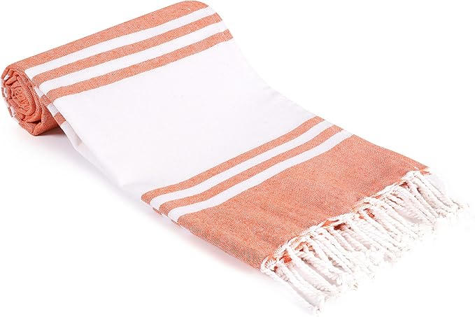 Goroly Home Cotton Turkish Peshtemal Beach Towel, Extra Large, Thin Quick Dry Sand Free Pool & Swim Towel, Bathing Blanket, Travel Essentials, (Orange, 36x71 Inches)