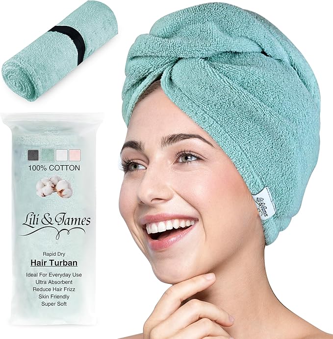 Lili&James 100% Cotton Hair Towel Wrap for Women/Kids | Quick Dry, Soft & Absorbent Hair Wrap Towels with Double Button | Anti Frizz, Non Microfiber Hair Turbans for Curly, Long & Thick Hair (Aqua)