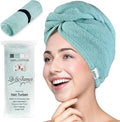 Lili&James 100% Cotton Hair Towel Wrap for Women/Kids | Quick Dry, Soft & Absorbent Hair Wrap Towels with Double Button | Anti Frizz, Non Microfiber Hair Turbans for Curly, Long & Thick Hair (Aqua)
