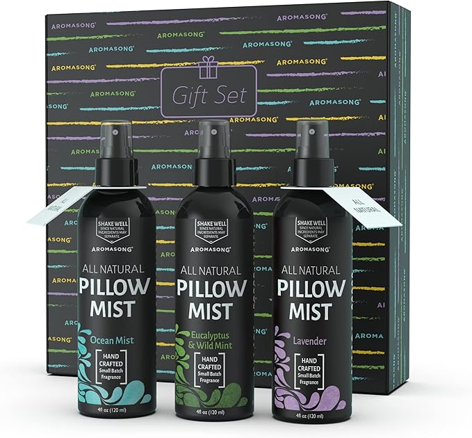 Aromasong All Natural Pillow Spray - Mothers Day Gift Set - Pack of Lavender, Ocean Mist, and Eucalyptus Included - Calming Linen & Bedtime Natural Essential Oil Mist Spray for Sleeping