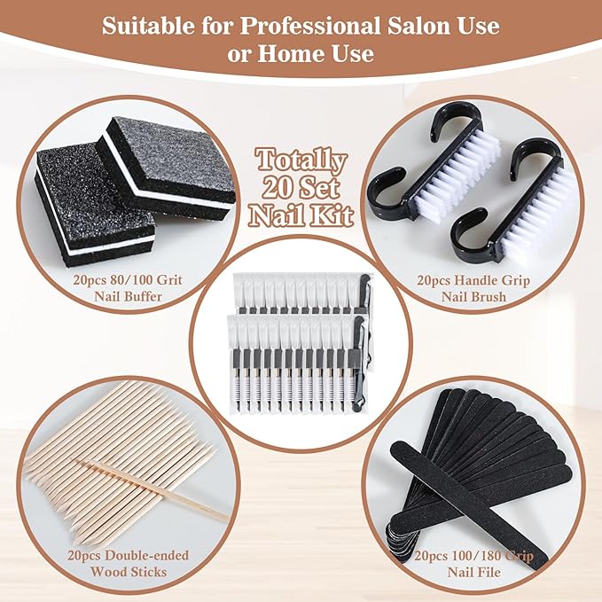 20 Sets Disposable Manicure Kit Basics 4 Piece Nail Kit for Travel,Handle Grip Brush,Mini Nail Buffer Nail File and Wood Stick for Gifts Salon Home Professional(20 Set-Black)