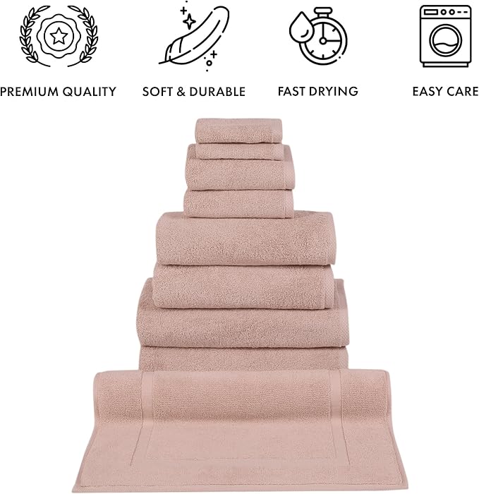 Classic Turkish Towels CTT - 9 Piece Premium Towel Set, 100% Turkish Cotton, Highly Absorbent & Comfy, Includes 2 Bath Towels, 2 Hand Towels, 2 Washcloths, 2 Bath Sheets & 1 Bath Mat | (Rose)