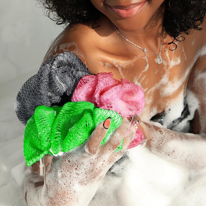 African Net Sponge Authentic - 2 Pieces Exfoliating Body Scrubber Bath Sponge Camellia&Green- Back Scrubber Washcloth for Shower - Real African Scrub Exfoliator Body Care Bathing Accessorie