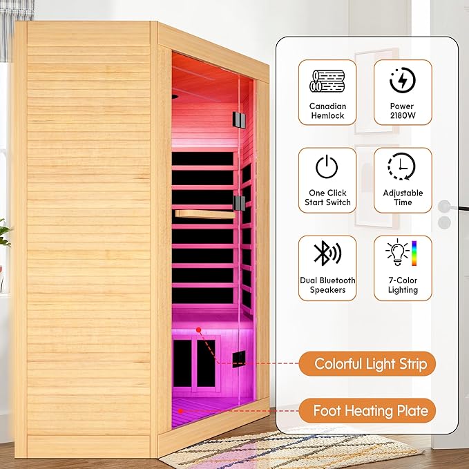 OUTEXER 2-3 Person Sauna Corner Sauna Far Infrared Saunas Room Home Canadian Hemlock Indoor 2100W Low-EMF Dry Saunas with 7 Color Therapy 47.2 * 47.2 * 74.8inch