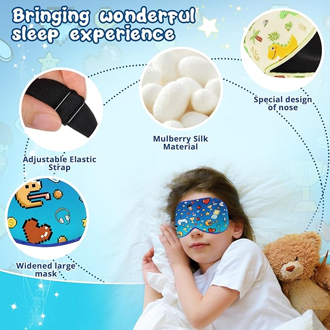 Kids Sleep Mask Eye Cover: 100% Real Natural Pure Silk Eye Mask with Adjustable Strap, Funny Blindfold Kids Eye Mask for Sleeping, Soft & Lightweight Eye Shade for Boys Girls Teens (Games Style)