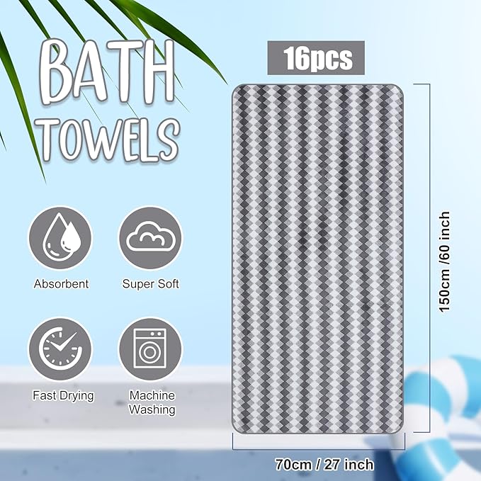 SmoothNovelty 16 Pack Microfiber Bath Towels Bulk 27'' x 60'' Oversized Size Bath Towel Highly Absorbent Extra Large Soft Drying for Beach Shower Summer Salon Sport Gym Party (Grid,Grey)