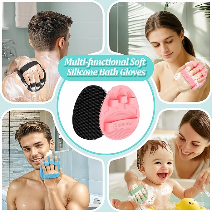 Silicone Body Scrubber 4PCS, 360° Anti-Slip & Enlarged Exfoliating Bath Glove for Rich Foaming Deep Cleaning, Revolutionary No-Grip & Hand-fit Shower Scrubber for All Skin Types.(Black/Pink)