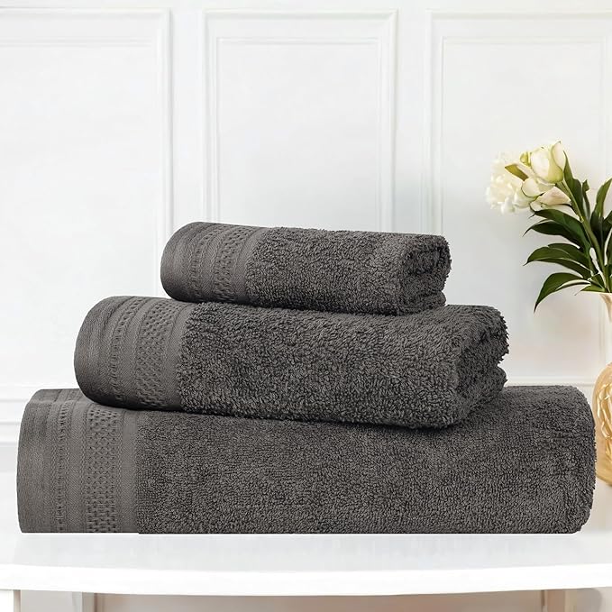 Superior Honeycomb Cotton Medium Weight Towels, for Guest Bath, Master Bathroom, Shower, Quick Dry, Adults, Home Essentials, Textured Waffle Border, Assorted Towel Set, 3 Piece Towel Set, Gunmetal