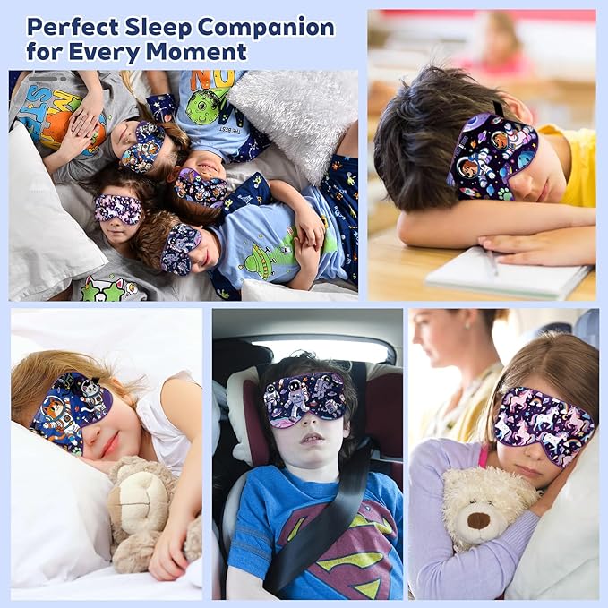 Kids Silk Sleep Mask: 100% Mulberry Silk Eye Mask with Adjustable Strap, Soft Blackout Boys Girls Sleeping Mask, Cute Printed Blindfold for Travel/School/Bed, Gift for Ages 5–15 (Space Dog Style)