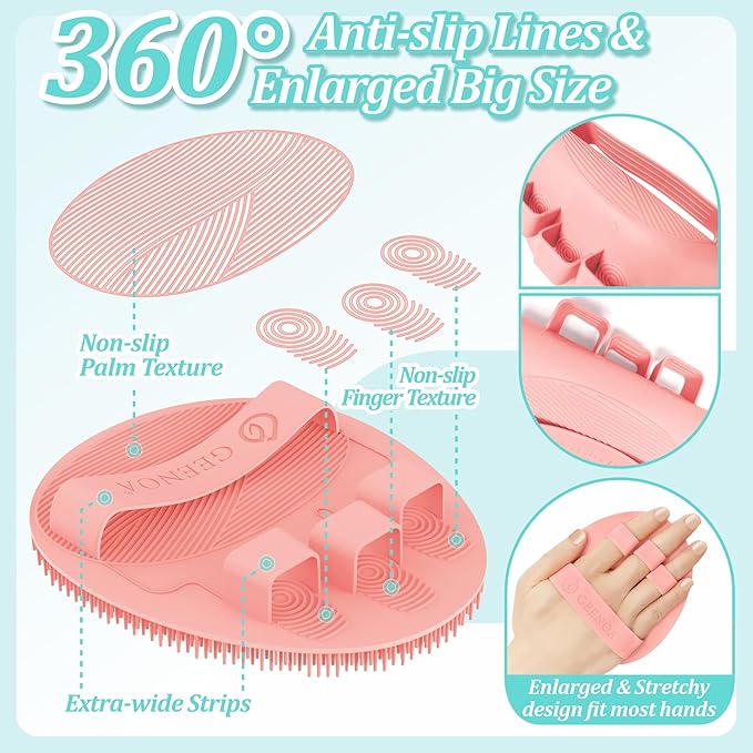Silicone Back & Face Scrubber & Bath Glove Set 3PCS, 13.4'' Gentle Back Scrubber with Dual-Side Head, 360° Anti-Slip Bath Glove, Unique Side-bristled Face Scrubber for All-Round Cleaning(Pink)