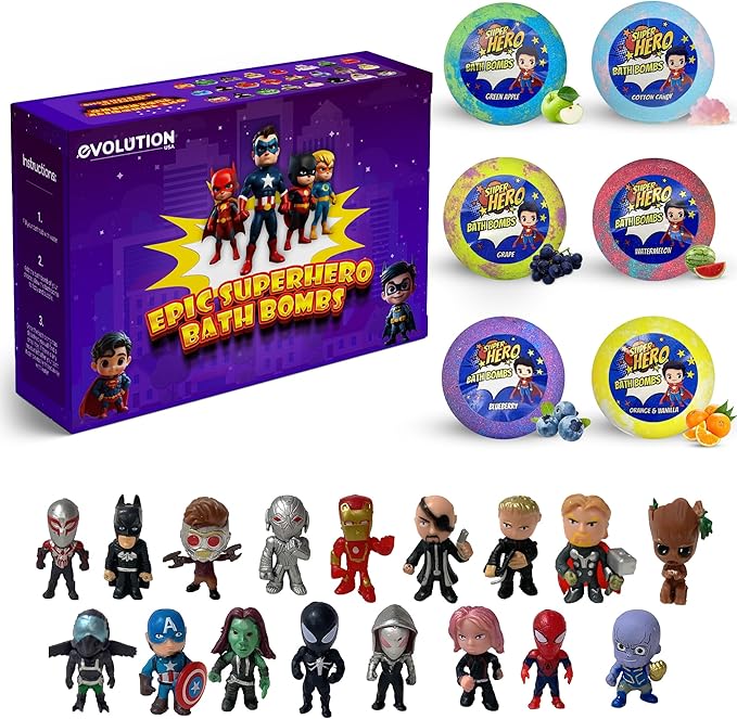 EvolutionUSA 6 Purple Epic Superhero Bath Bombs for Kids – Childrens Super Hero Bath Bombs Toy, Organic Bathbomb with Surprise, Superhero Bath Fizzers, Lush Bathbombs Birthday, Christmas, Easter