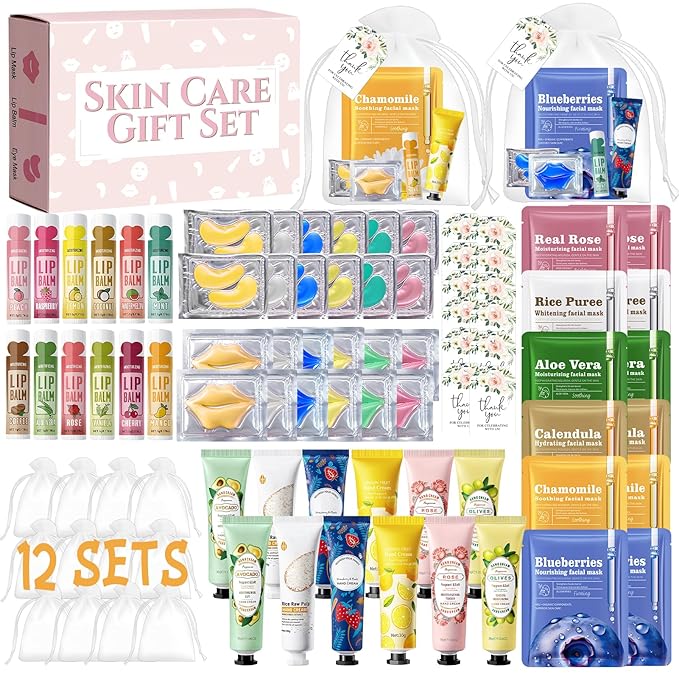 JAOJAO 84PCS Spa Party Supplies for Women, Spa Party Favors Include Hand Cream Lip Balm Face Masks Under Eye Patches Lip Mask Organza Bag Thank You Card Used for Women Girlfriend Wife Mother Teacher