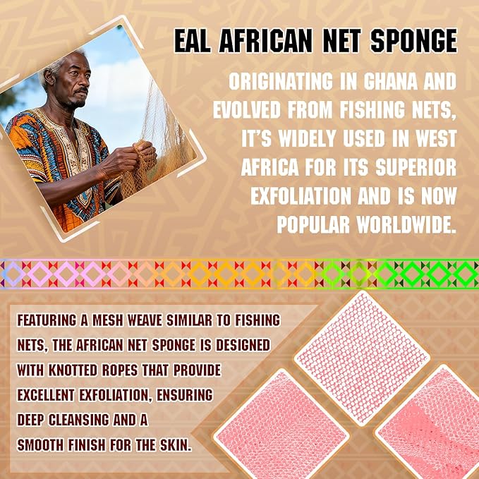5 Pieces African Net Sponge – Deep Cleansing & Exfoliating Mesh for Glowing Skin – Stretchable, Quick-Dry Material for Daily Shower Use (Yellow, Pink, Purple, Blue, Green)