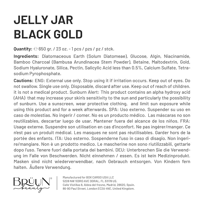 BRÜUN Jelly Mask Jar Black Gold Salicylic AC BHA Peel-Off Face Care Rubber Mask | 23 fl oz Skin Care Moisturizing Gel Mask Jar Spa Set