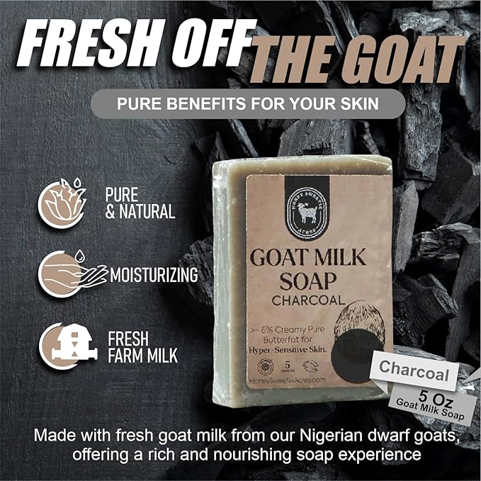 Honey Sweetie Acres Charcoal Goat Milk Soap - Handmade 5 oz Bar, Made with Natural Ingredients, Moisturizing & Gentle, Made in the USA
